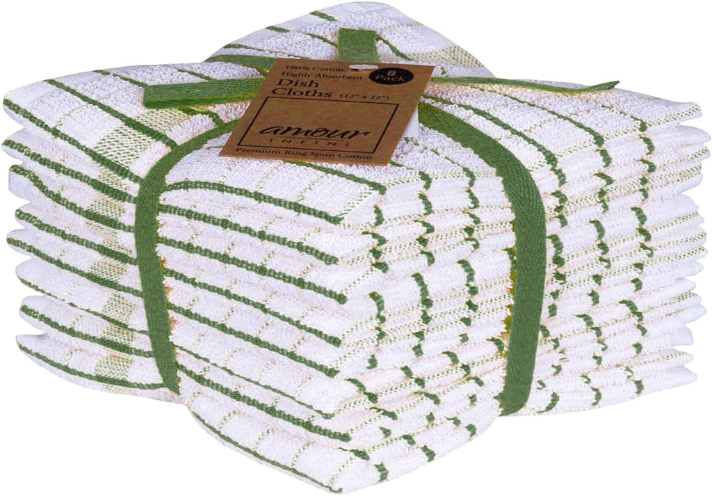 AMOUR INFINI Kitchen Dish Cloths Set of 8 - Ultra Soft, Highly Absorbent, Quick-Drying Terry Cotton Dishcloths 12"x12" Inch Wash & Cleaning Cloths for Kitchen & Dishwashing (Green)