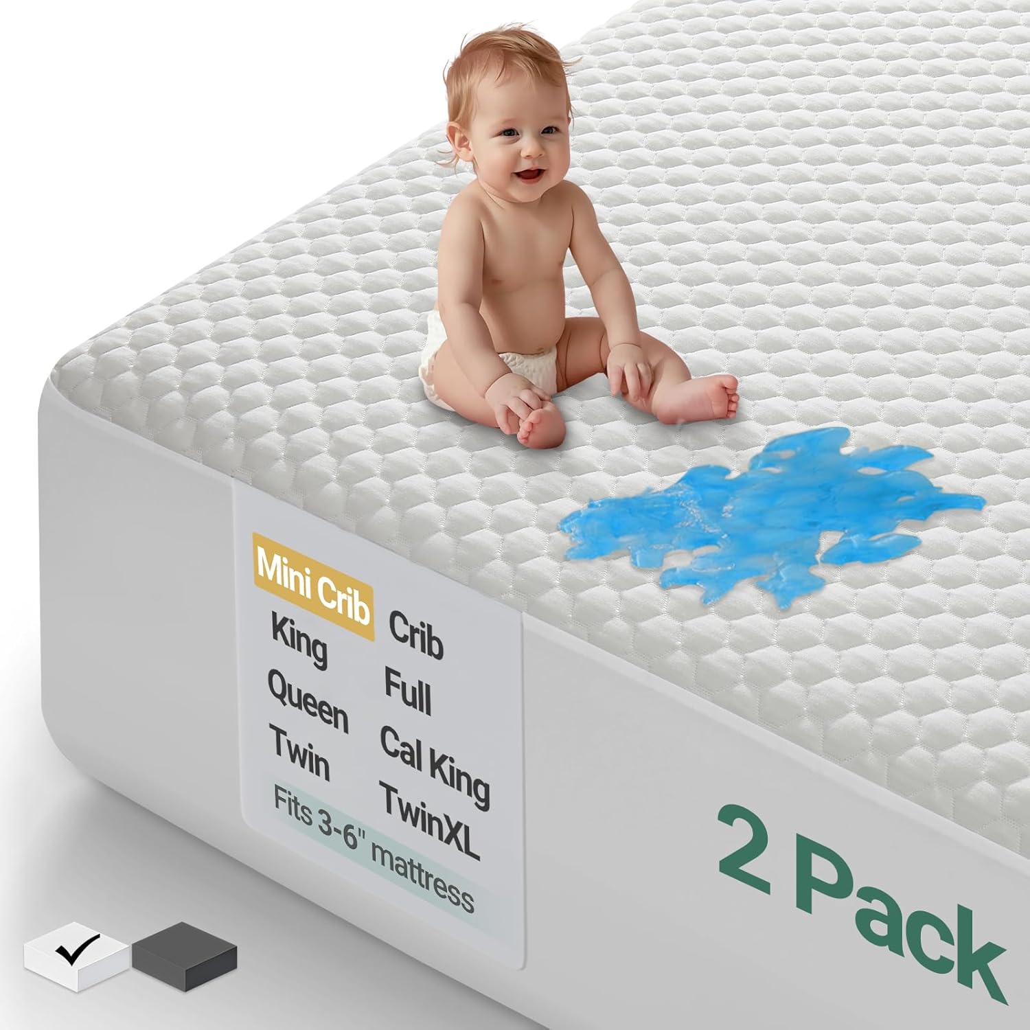 OhGeni 100% Waterproof Mattress Protector, Mini Crib-2 Pack Size Mattress Pad, Fits 6"-20" Mattresses with Deep Pocket, Cooling, Breathable Fitted Sheets, Soft Bed Cover, Noiseless, Machine Washable