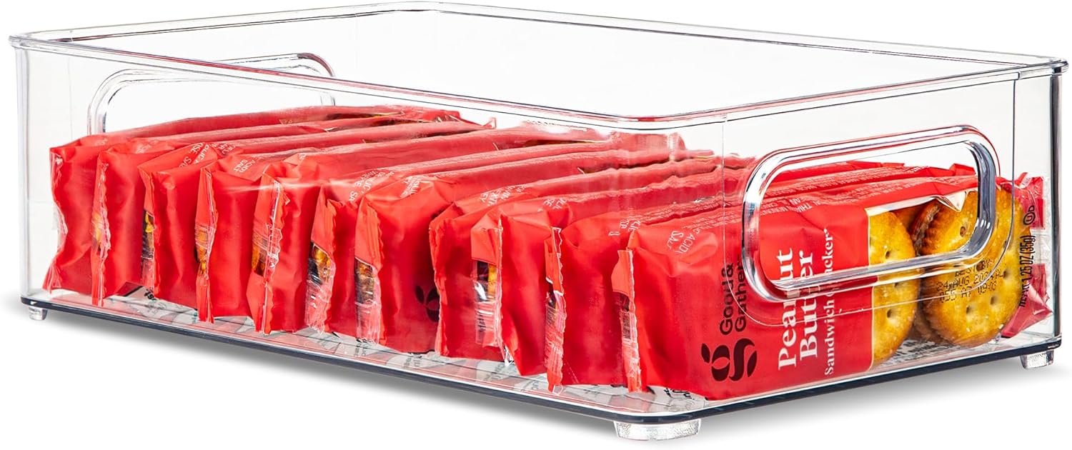 Plastic Food Storage Clear Container Bin with Handles for Organizing Kitchen, Pantry, Refrigerator, Freezer, Pantry, Cabinet, Closet, Bathroom. Stackable 10”x6”x3”