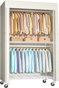 FUTASSI White Clothing Rack with Beige Cover, P1C Rolling Closets with Wheels, Metal Garment Rack for Hanging Clothes, Clothing Storage Wardrobe, 36.2" W x 16.5" D x 80.5" H, Load 450 Pounds