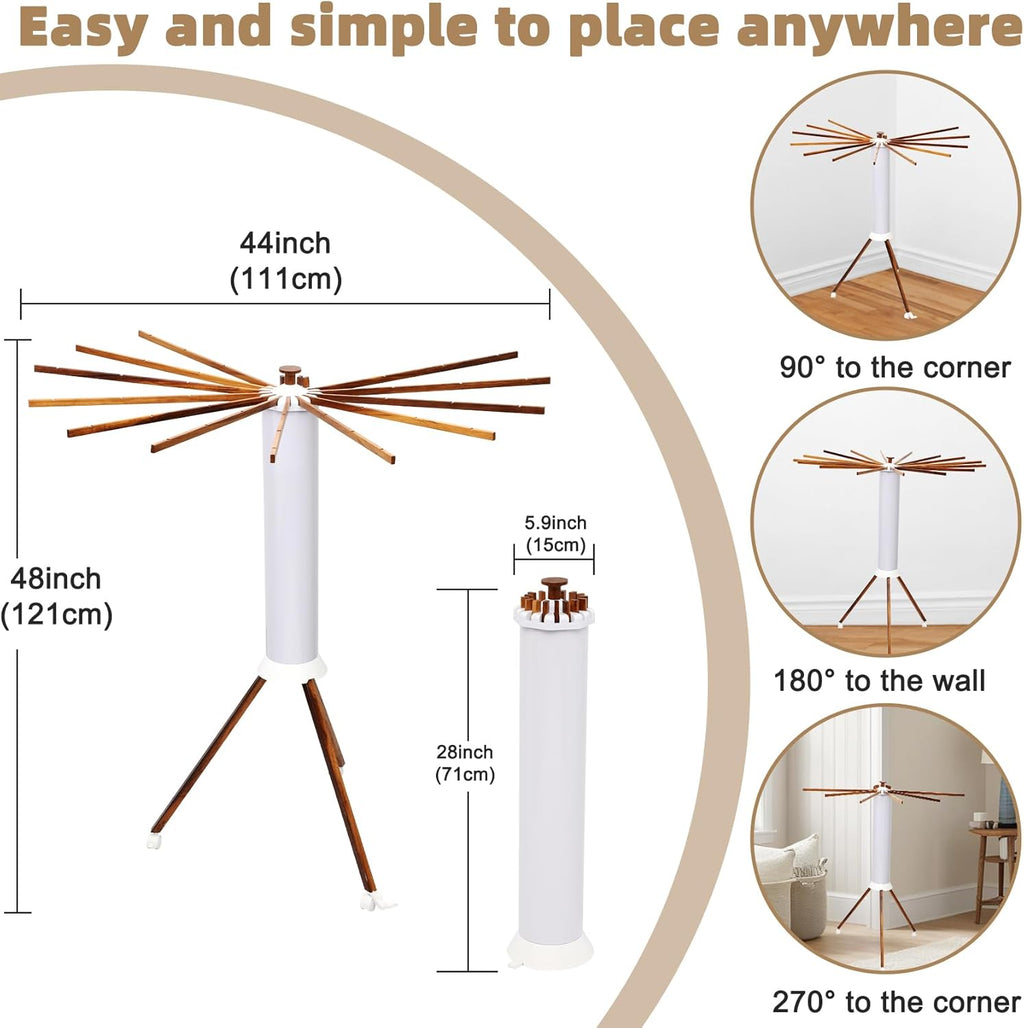 Portable Teak Tripod Clothes Drying Rack, Foldable Space-Saving Design, 16 Waterproof Teak Wood Drying Rods