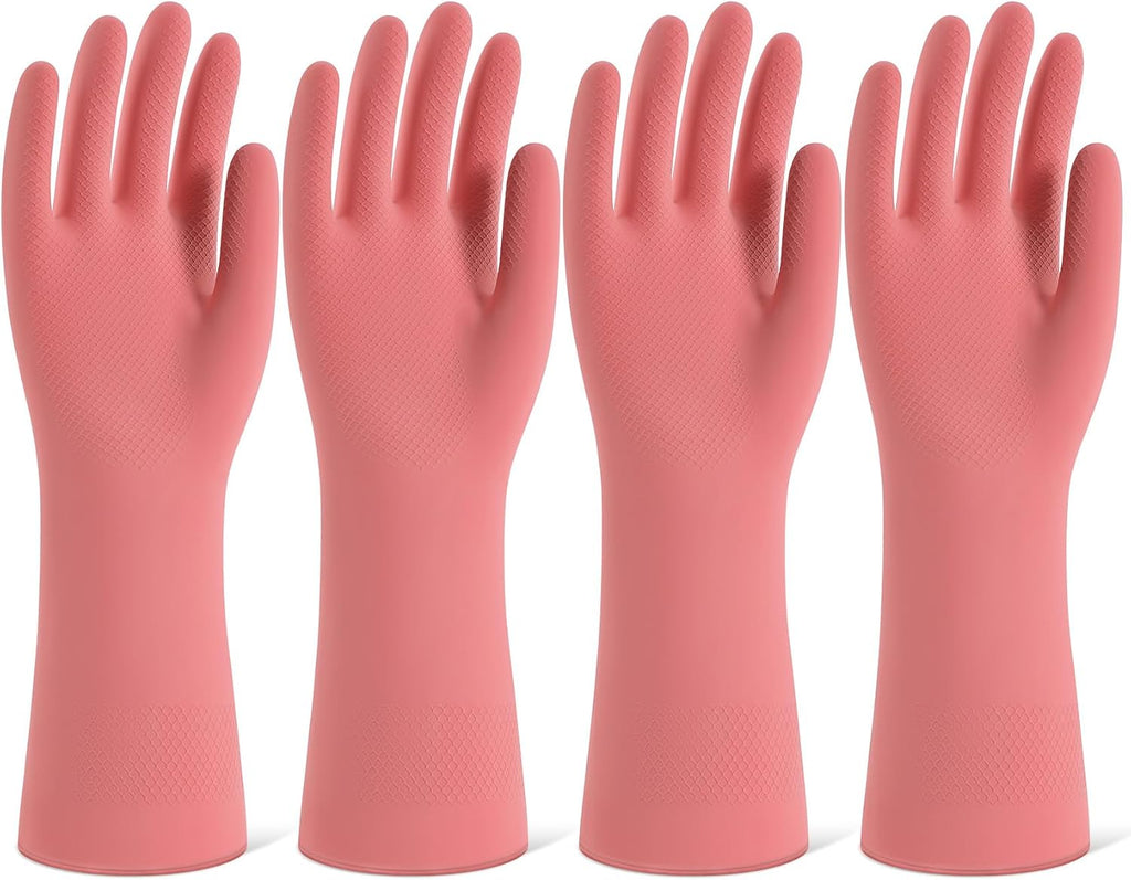Rubber Cleaning Gloves for Dishwashing, 4 Pairs Reusable Kitchen Gloves for Washing Dishes and Household Cleaning, Pink Dish Gloves with Flocked Lining and Non-Slip Grip, Pefect for Woman Men - S
