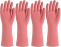 Rubber Cleaning Gloves for Dishwashing, 4 Pairs Reusable Kitchen Gloves for Washing Dishes and Household Cleaning, Pink Dish Gloves with Flocked Lining and Non-Slip Grip, Pefect for Woman Men - S