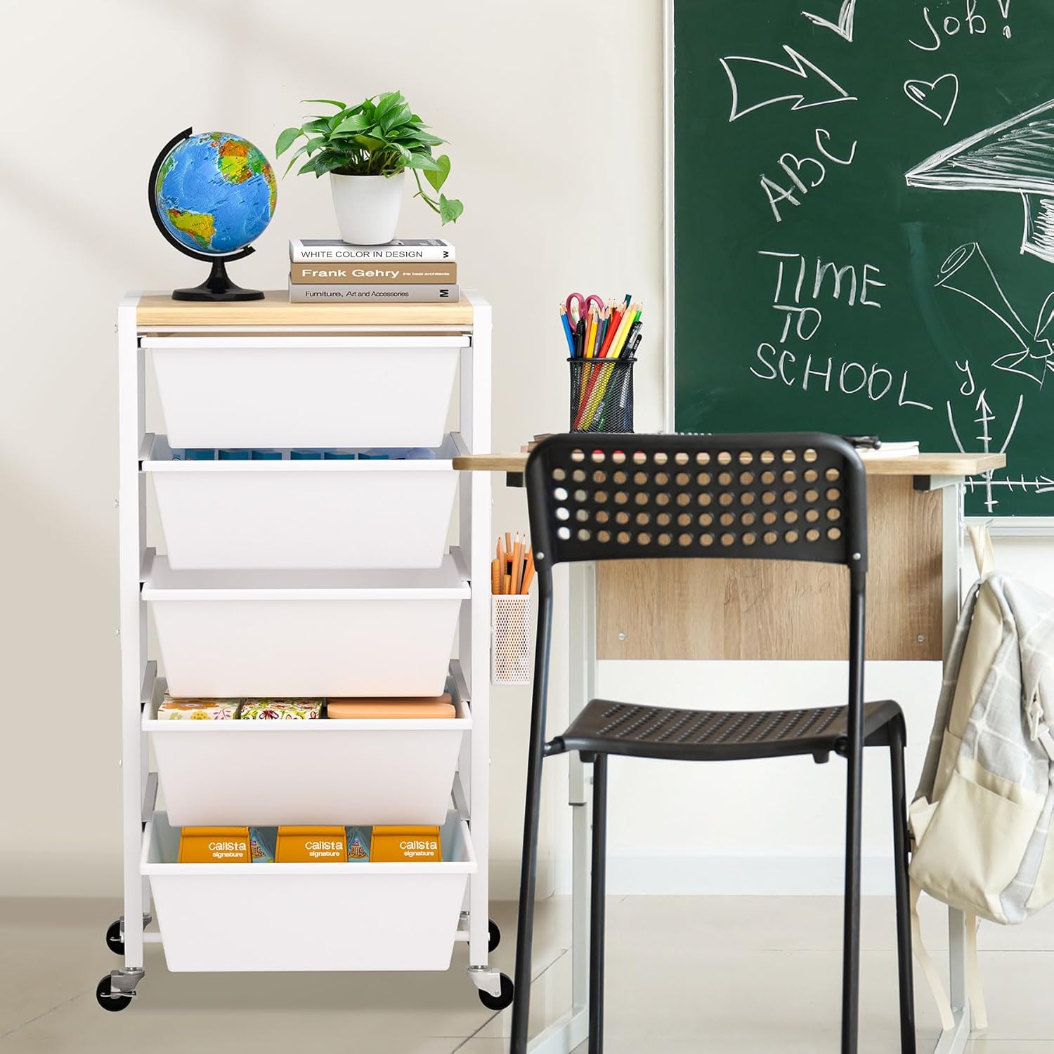 Rolling Cart with Drawers, Rolling Storage Cart with 5 Large Plastic Drawers & Wooden Tabletop, Utility Cart with Pegboards & Basket, Storage Drawers Cart for Living Room, Classroom, Bedroom, Office