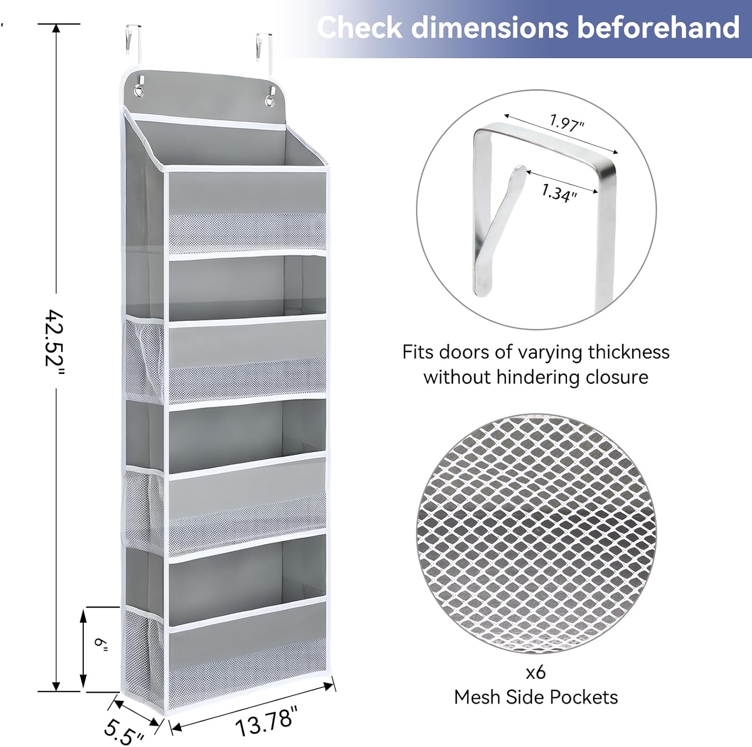QINGUANG Over The Door Organizer,Hanging Organization And Storage, Behind Door Organizer with Side Pockets, 35 lbs Capacity,Anti Tilt, for Nursery, Bathroom, Bedroom,Dorm (4-Shelf)