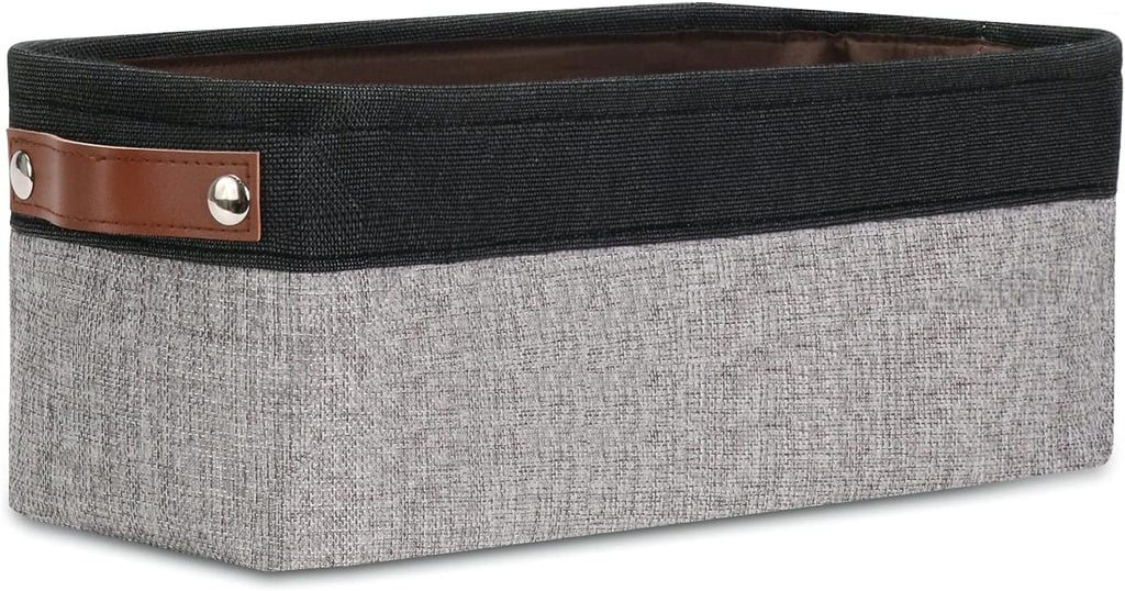 DULLEMELO Fabric Bathroom Storage Bin with Leather Handles, Narrow Organizer for Towels, Toilet Paper Rolls, Storage Basket for Back of Toilet, Vanities, Shelves & Cabinets (Black&Gray)