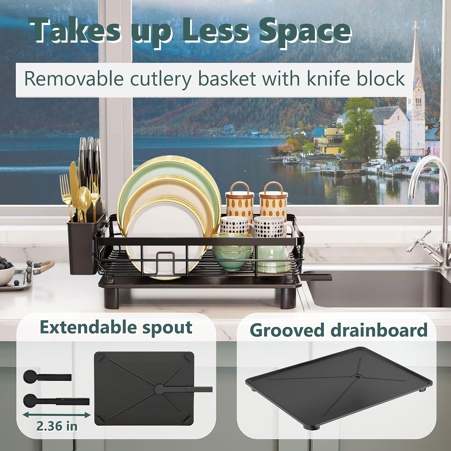 Iron Dish Drying Rack with Drainboard Dish Drainers for Kitchen Counter Extendable Spout Strainers with Utensil Holder and Knife Slots, Black