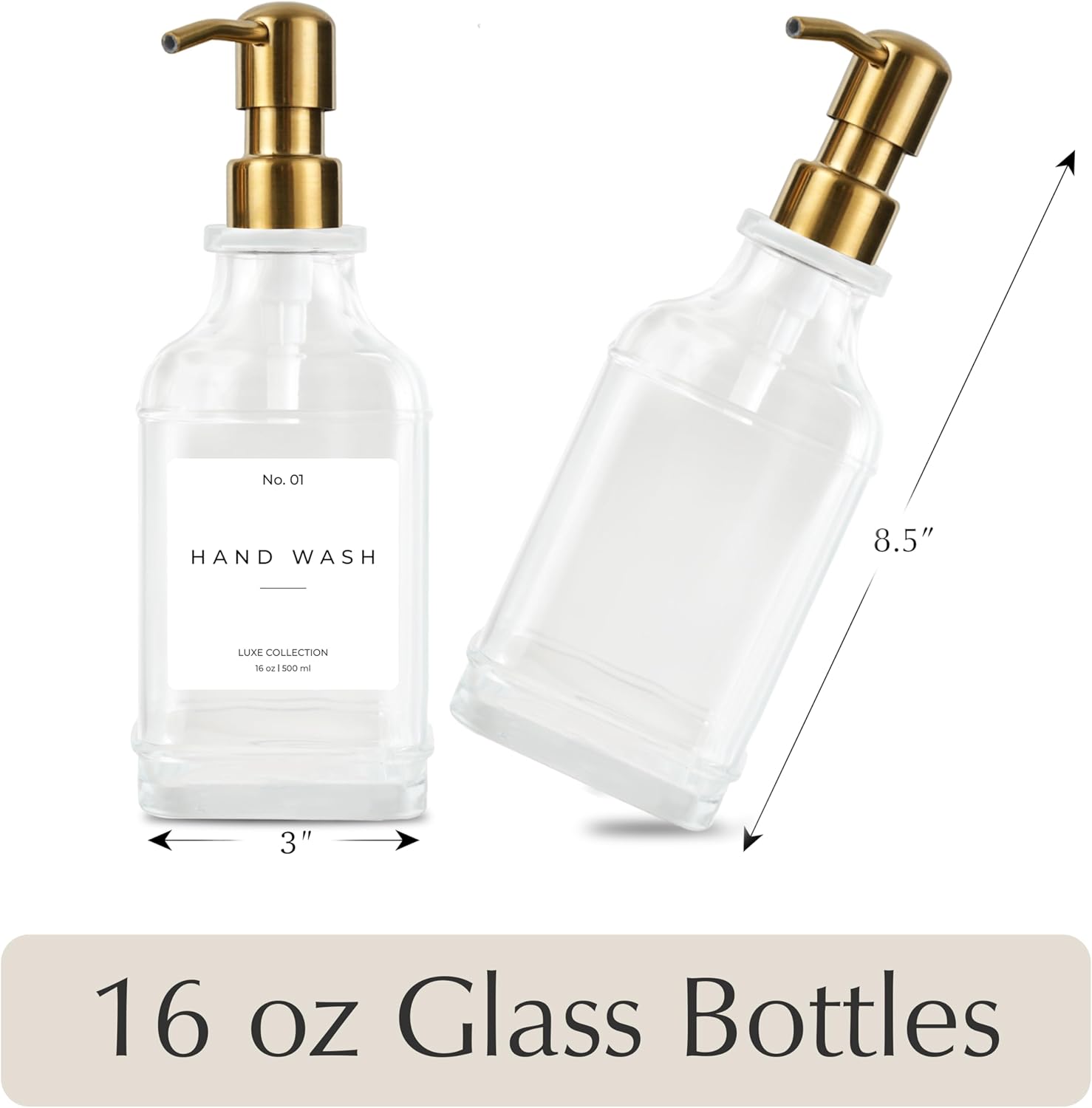 Emerson Essentials Soap Dispenser, Dish Soap Dispenser, Soap Dispenser Bathroom Set, Hand Soap Dispenser, Kitchen Soap Dispenser Set, Glass Soap Dispenser with Pump and Labels | 16 Oz, 2-Pack