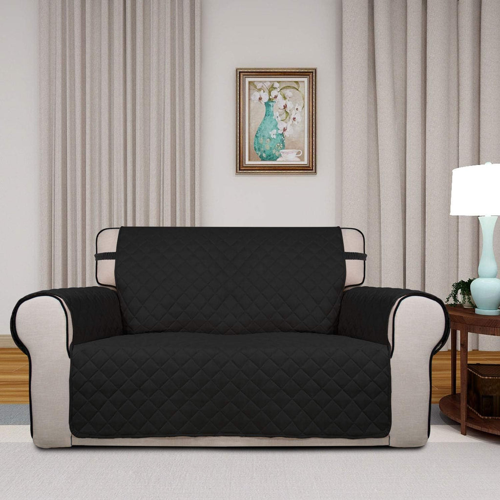PureFit Reversible Quilted Sofa Cover, Water Resistant Slipcover Furniture Protector, Washable Couch Cover with Non Slip and Elastic Straps for Kids, Dogs, Pets (Loveseat, Black/Beige)