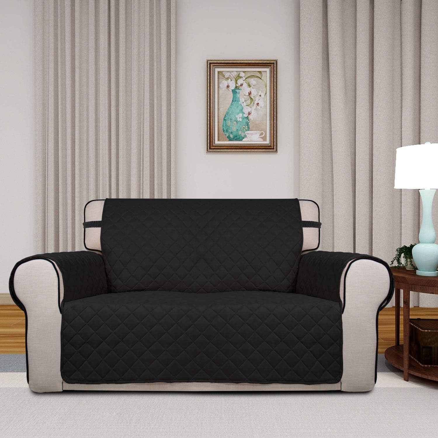 PureFit Reversible Quilted Sofa Cover, Water Resistant Slipcover Furniture Protector, Washable Couch Cover with Non Slip and Elastic Straps for Kids, Dogs, Pets (Loveseat, Black/Beige)