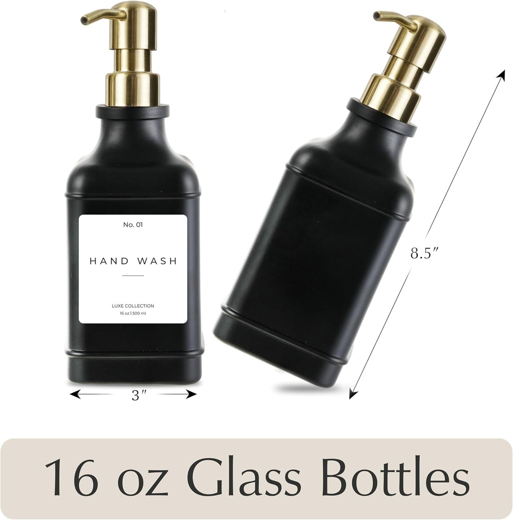 Emerson Essentials Soap Dispenser, Dish Soap Dispenser, Soap Bottle Dispenser Bathroom Set, Hand Soap Dispenser, Kitchen Soap Dispenser Set, Glass Soap Dispenser Pump + Labels | 16 Oz, 2-Pack