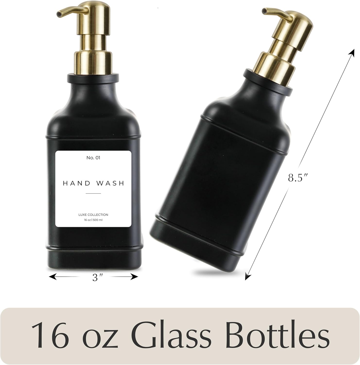 Emerson Essentials Soap Dispenser, Dish Soap Dispenser, Soap Bottle Dispenser Bathroom Set, Hand Soap Dispenser, Kitchen Soap Dispenser Set, Glass Soap Dispenser Pump + Labels | 16 Oz, 2-Pack