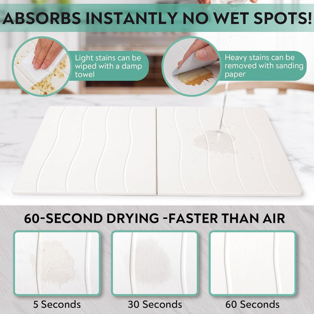 Large Stone Drying Mat for Kitchen Counter, 24x16 Foldable Self Stone Dish Drying Mat, Absorbent Food Grade Diatomaceous Earth Dish Dry Mats for Sink Bathtub