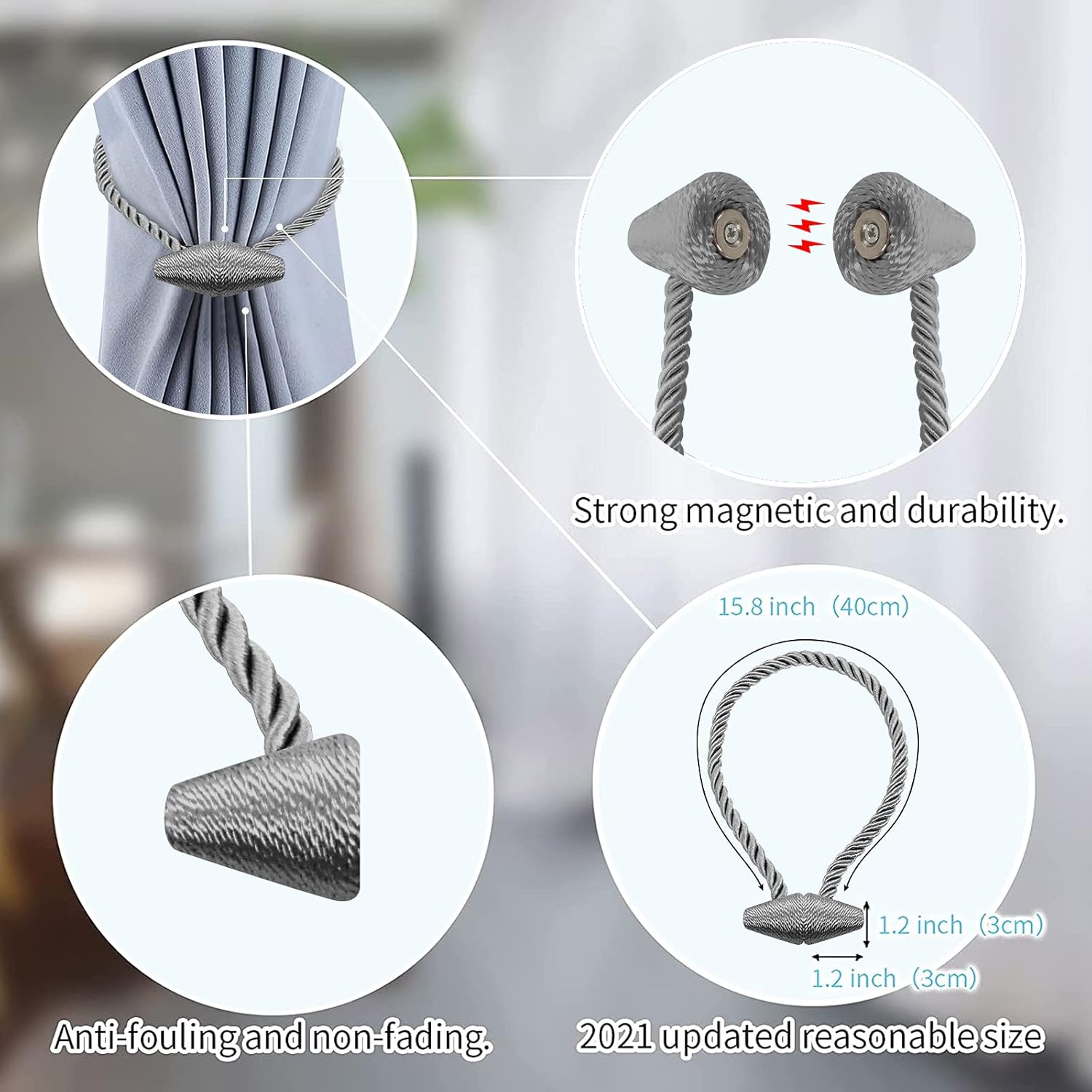 Hion Magnetic Curtain Tiebacks Grey 2pcs, Curtain Tiebacks Buckles Holdbacks Holders Hooks Clip for Home Bedroom Office Decorative Curtain