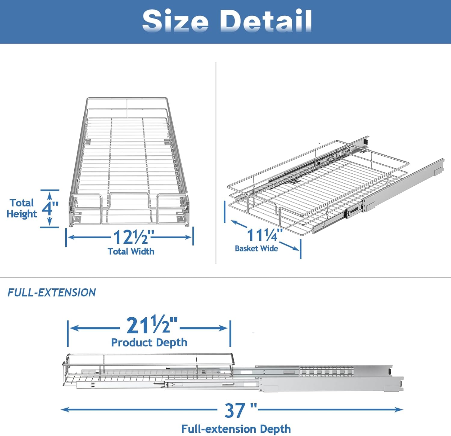 ROOMTEC Pull Out Cabinet Organizer, Cabinet Pull Out Shelves 12½" W x 21½" D, Heavy Duty Cabinet Drawers Slide Out Kitchen Cabinet Organizers Storage Shelf