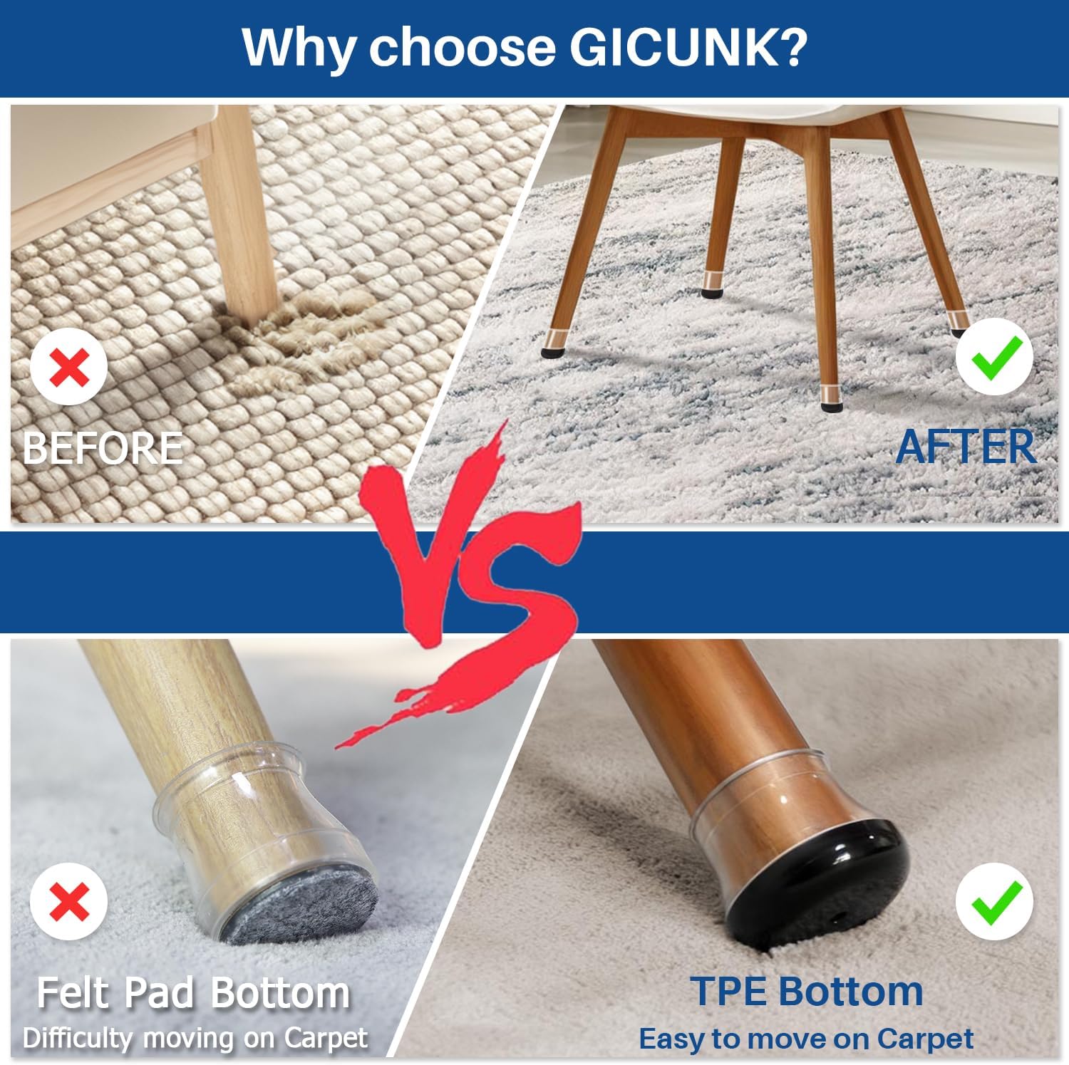 2024 New Chair Leg Floor Protectors Furniture Sliders for Hardwood Floors and Carpet Silicone Non Slip Reduce Noise 28 Pcs Clear Square XL Fit:1-1/2" ~ 1-3/4"