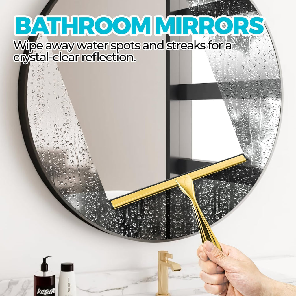 2PACK 10-Inch Golden All-Purpose Shower Squeegee for Shower Doors, Bath Linen Sets, Tile Shower Walls, Bathroom, Window, Glass and Car Windshield, Mirrors and Kitchen-Stainless Steel