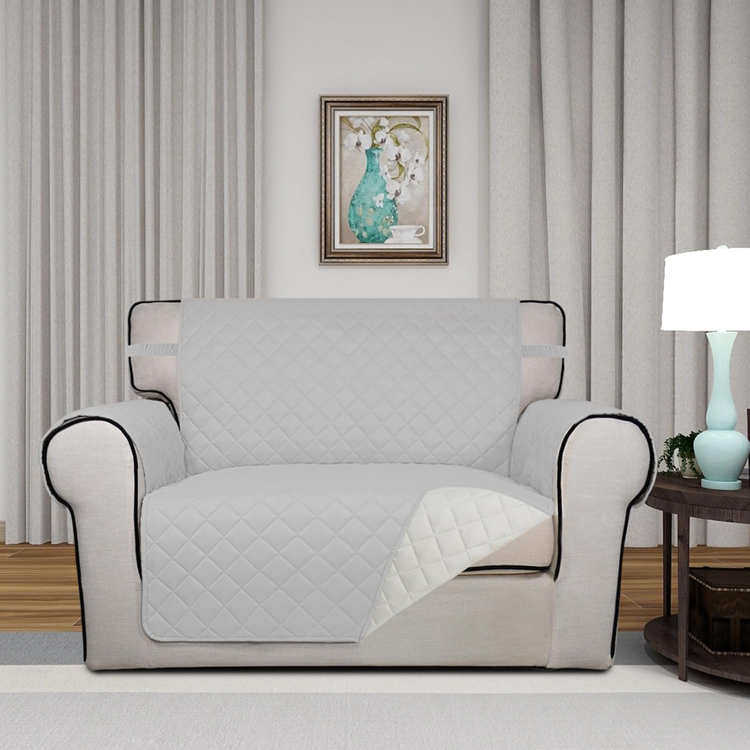 PureFit Reversible Quilted Sofa Cover, Water Resistant Slipcover Furniture Protector, Washable Couch Cover with Non Slip and Elastic Straps for Kids, Dogs, Pets (Oversized Chair, Light Gray/Ivory)