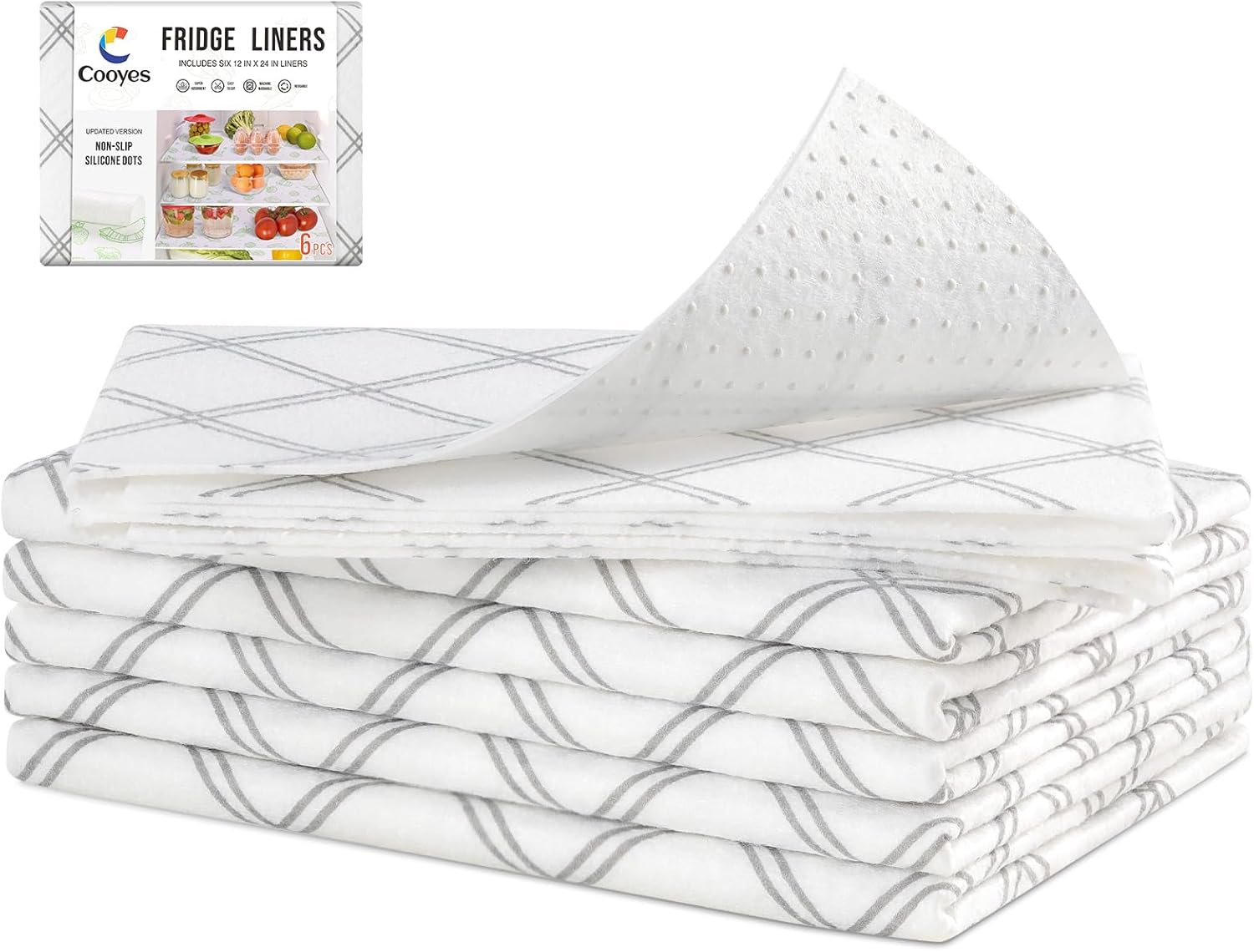 Cooyes 6pcs 12" x 24" Refrigerator Drawer Liners, Fridge Organizers and Storage, Washable Absorbent Fridge Bin Liners, Refrigerator Shelf Mats Air Circulating Non-Slip Non-Adhesive