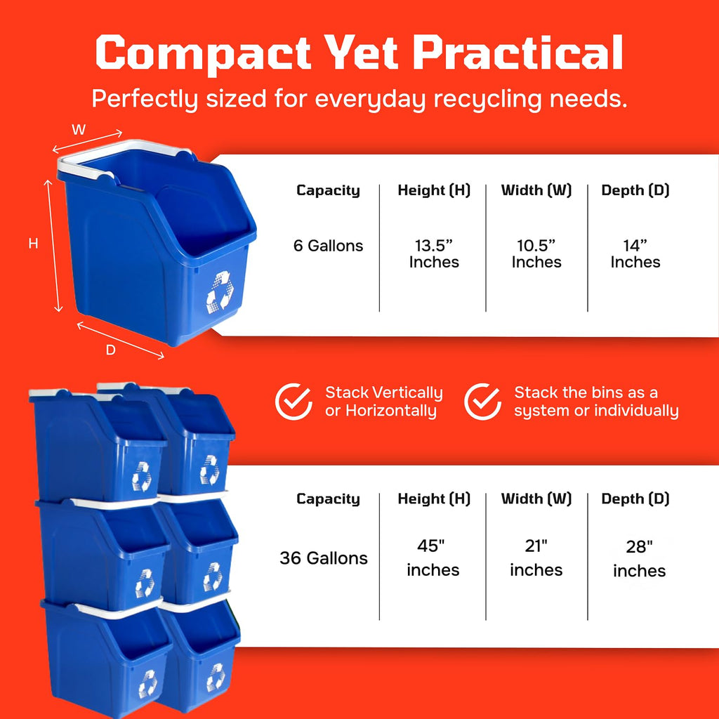 6 Gallon Stackable Recycling Bins for Homes, Garages, Offices Made of 100% Recycled Plastic - (Red, 6 Pack)