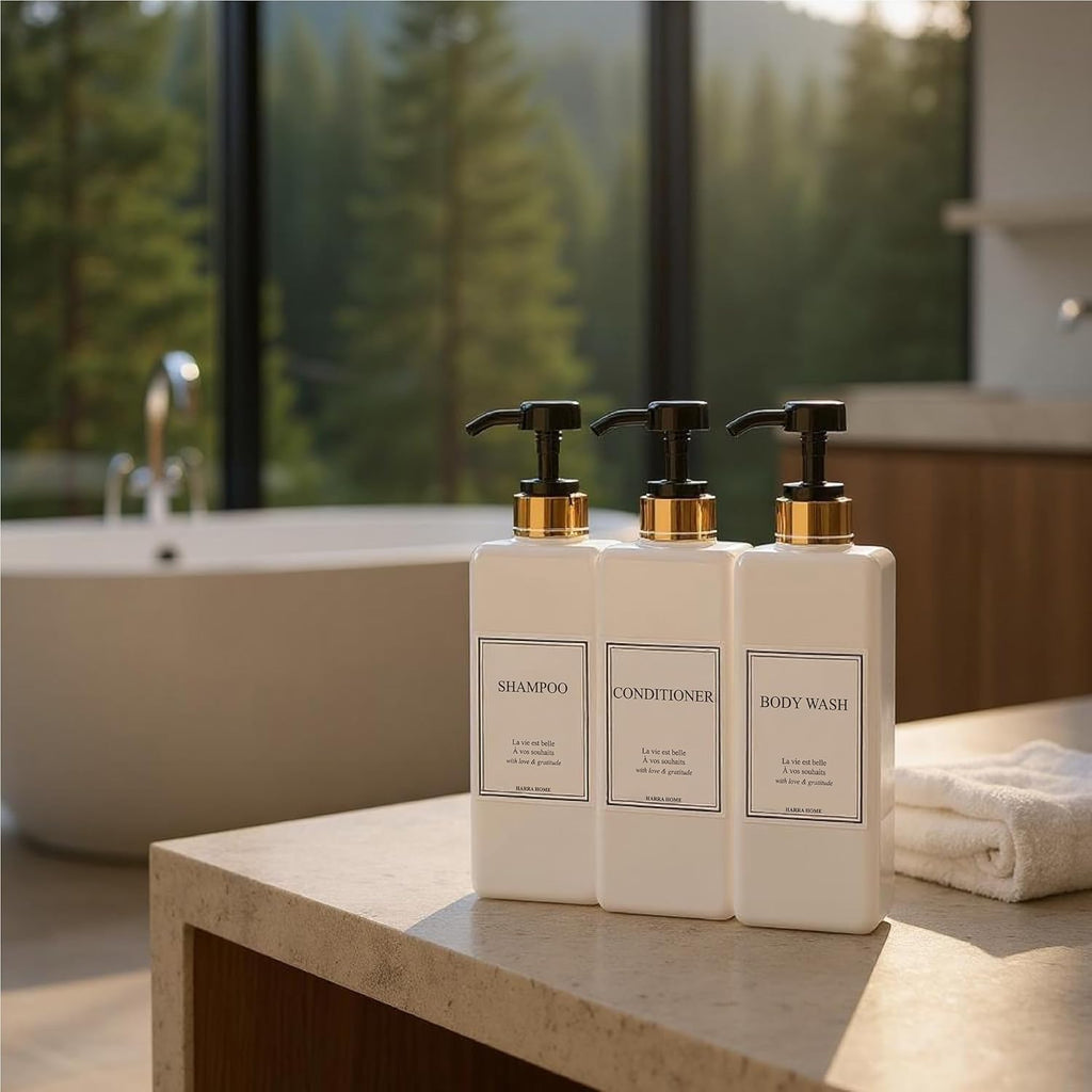 Modern Gold Design Large 27 oz Shampoo and Conditioner Dispensers - Empty Plastic Refillable Pump Bottle Set for Bathroom Shower Soap Dispenser, Set of 3 (Black)