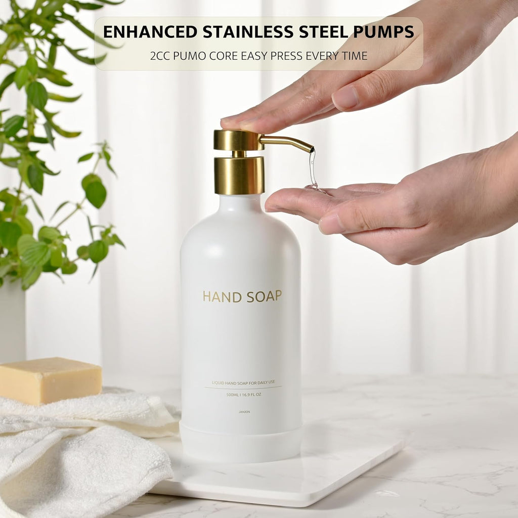 Glass Soap Dispenser Set by Janxin,Bathroom Soap Dispenser Set with Ceramic Tray,Luxury Bathroom Accessories,Modern Kitchen Decor (White+Gold(Hand Soap))