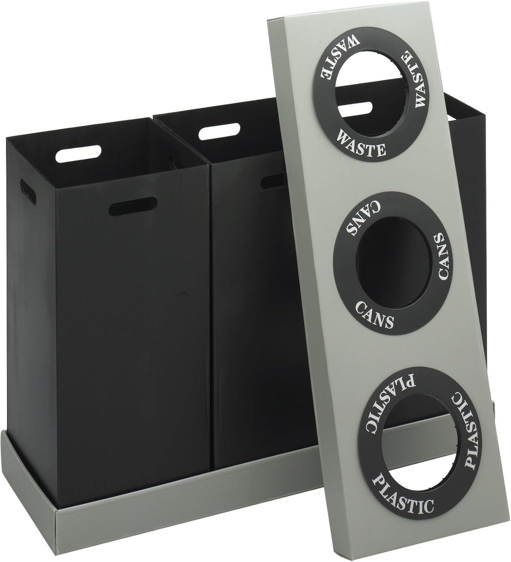 Safco Trash Can Recycle Bin Combo, 28 Gallon Each (3 Bin), At Your Disposal Recycling Center, Black/Grey