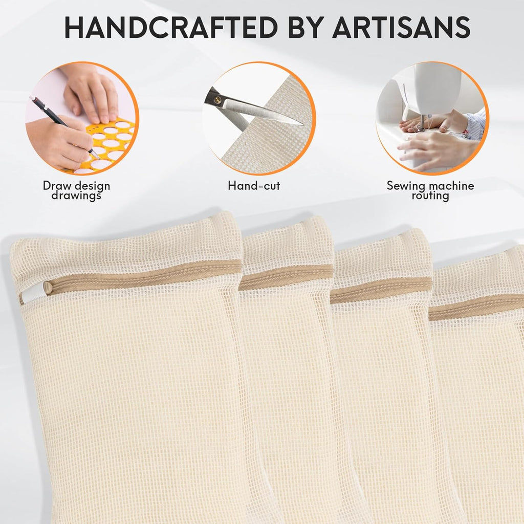 4 Piece Small, Durable Organic Cotton Mesh Laundry Bag with Strong Zipper and Breathable Mesh, Delicate Laundry Bag for Underwear, Clothes, Pants and Socks
