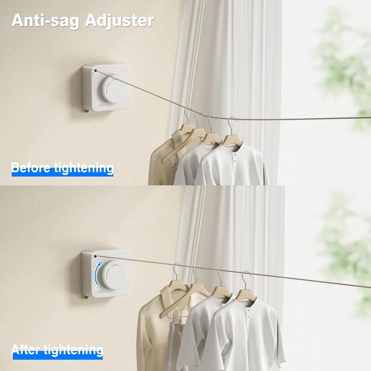 Retractable Clothesline Indoor, Non-Sagging Outdoor Clothes Line Retracting Heavy Duty Clothes Drying Laundry Line Wall Mounted Stainless Steel Line-15.1 Feets(Square-White)