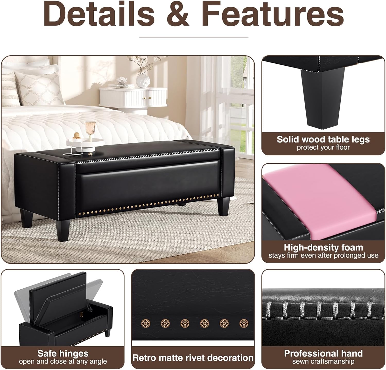 48.8" Storage Ottoman Bench Black | Faux Leather Bedroom Bench with Lift Top for Living Room & Bed End