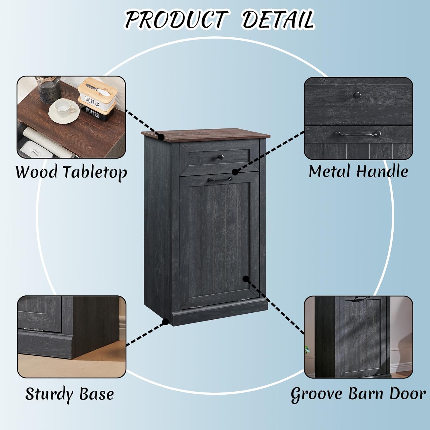 Tilt Out Laundry Hamper Cabinet, 10 Gallon Farmhouse Trash Can Cabinet with Drawer, Hidden Wood Garbage Can Bin Cabinet with Laundry Storage Basket for Bathroom, Kitchen, Dark Grey