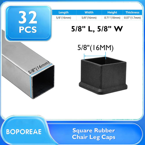 32 Pcs 5/8" x 5/8" Square Rubber Chair Leg Caps, PVC Table Leg Covers, Flexible & Anti-Slip Furniture Leg End Caps, Chair Leg Floor Protectors for Bar Stool Leg Patio Indoor, Black