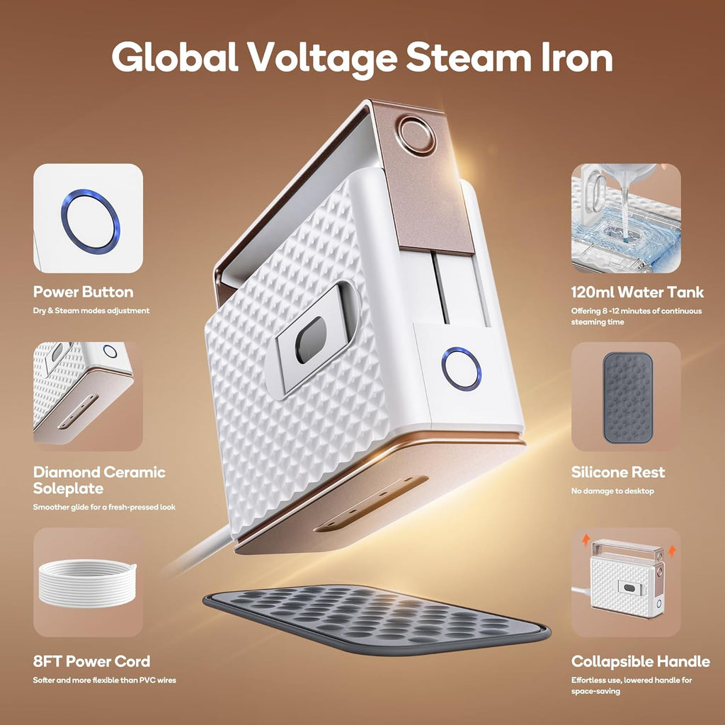 Newbealer Travel Steam Iron for Clothes, Global Voltage 100-240V Handheld Steamer, 293℉ Dry Ironing, Non-Stick Ceramic Soleplate, Horizontal & Vertical Steaming, Auto-off, Silicone Rest & Zipper Bag