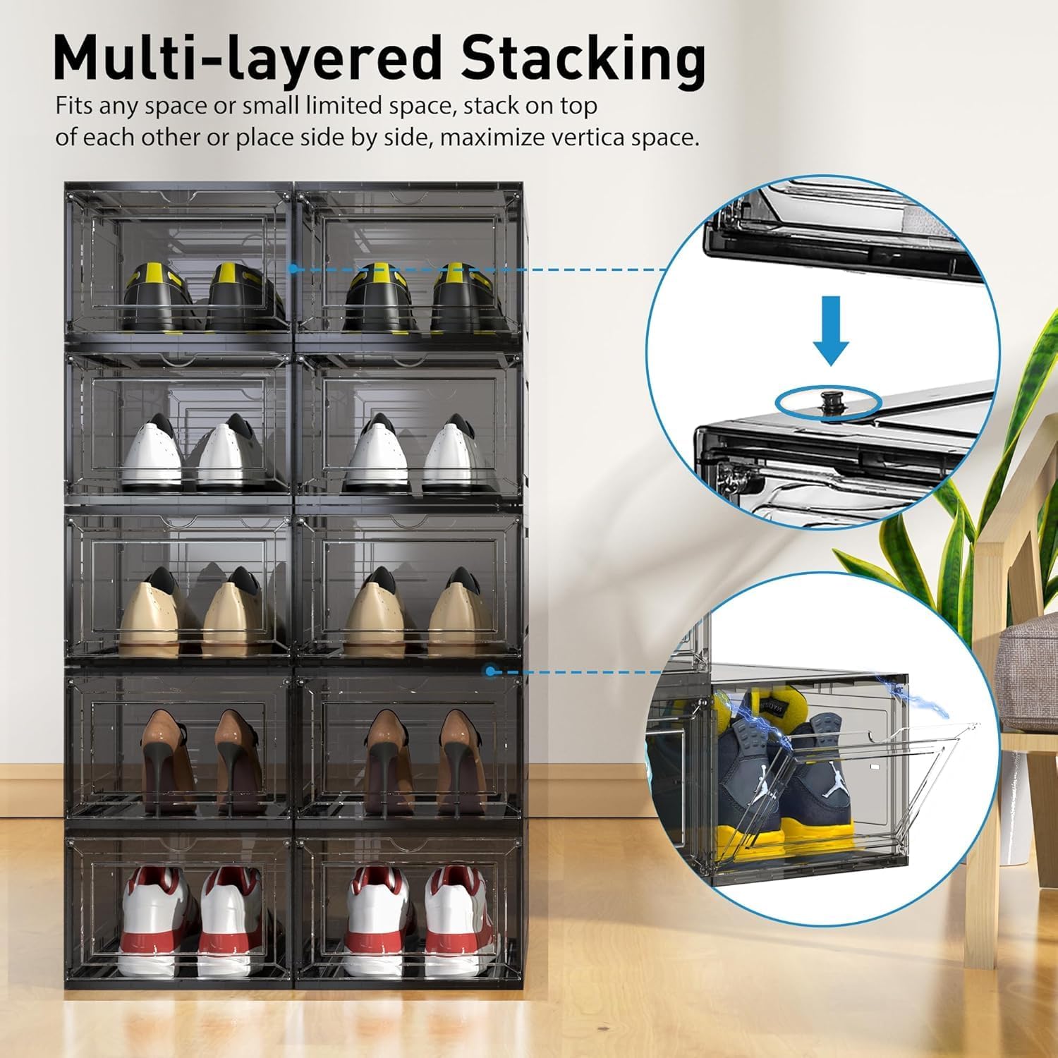 Mitees 10 Pack XX Large Thicken Sturdy Hard Plastic Clear Stackable Shoe Storage Boxes for Size 12, Sneaker Shoe Rack Containers Holders Bins Display Case Organizer for Closet, Grey02