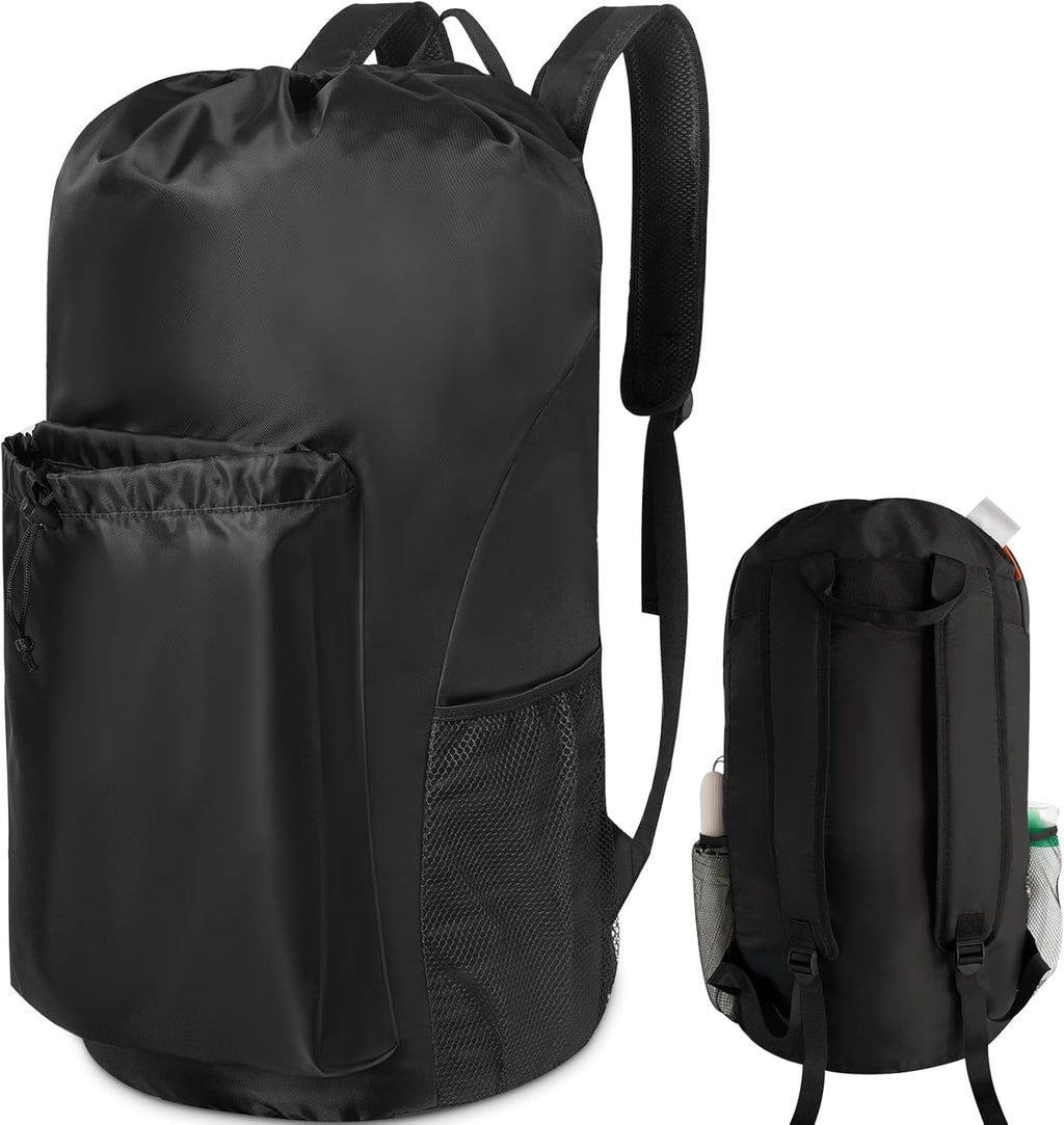 Polecasa Extra Heavy Duty Large Backpack Laundry Bag with Comfortable Padded Shoulder Straps & 4 Pockets, Sturdy & Durable Clothes Storage Bags, Hamper Drawstring bag for Dorm, College, Travel, Black