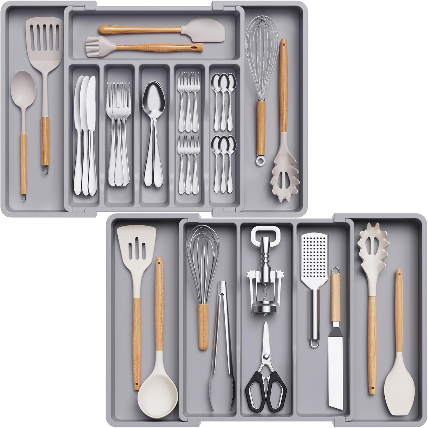 Lifewit Silverware Drawer Organizer and Utensil Organizer Set, Expandable Cooking Cutlery Tray for Kitchen, Adjustable Plastic Flatware Holder Storage Divider for Spoons Forks Knives, Large, Gray