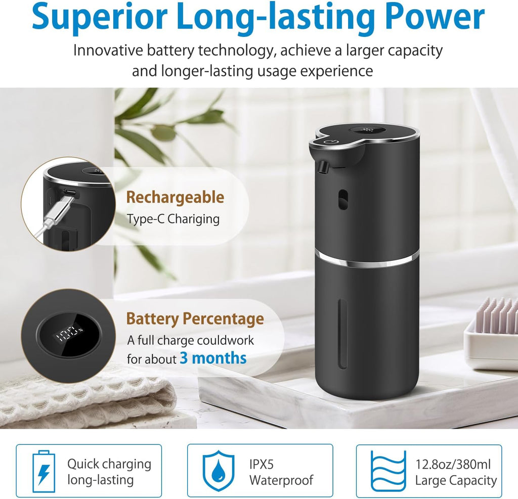 Automatic Foaming Soap Dispenser 12.8oz, Rechargeable & 6 Levels Foaming Adjustable with Digital Display, Wall Mount, Waterproof, Touchless Hand/Dish Soap Dispenser for Kitchen, Bathroom, Hotel
