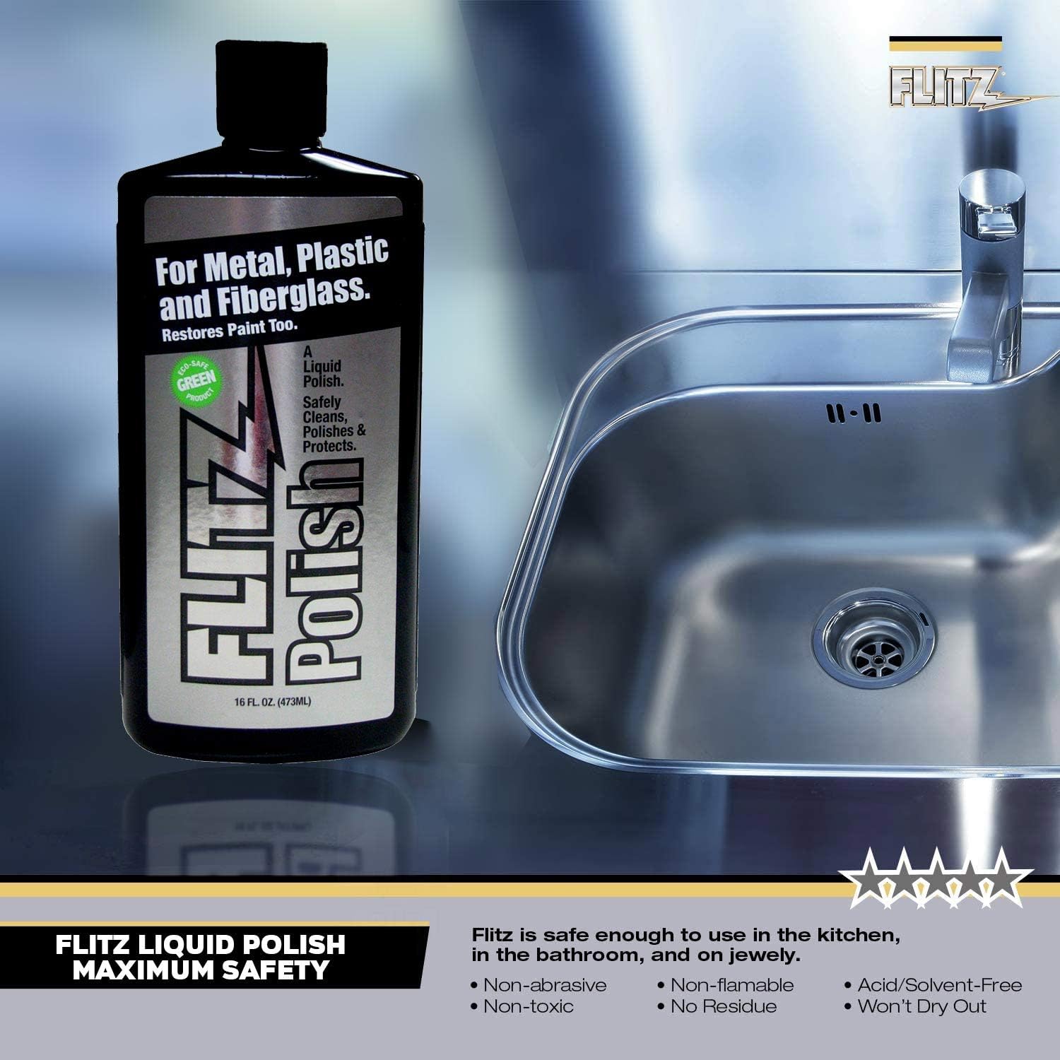 Flitz Multi Purpose Metal Polish Liquid - 3.4oz Bottle of USA-Made Tarnish Remover - For Aluminum, Chrome, Brass, Nickel, Silver - Non-Abrasive Metal Cleaner and Polish, Restorer (6 Pack)