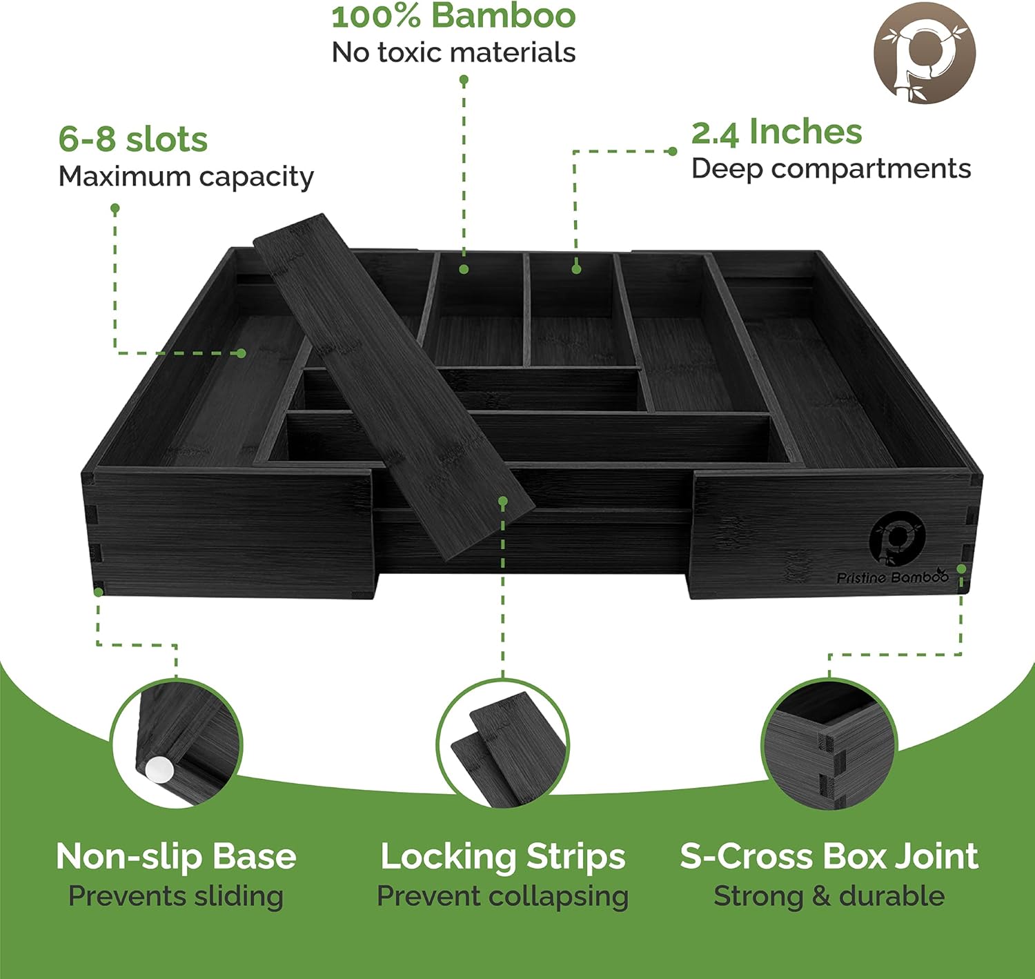 Silverware Tray - Drawer Organizer with Expandable Wooden Dividers (8-Slots, Black)