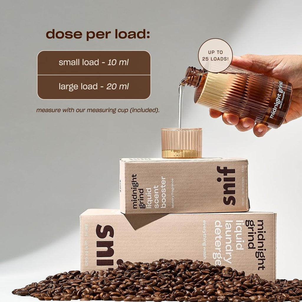 Snif Midnight Grind Scent Booster, Bold, Rich Espresso Scent, 25 Loads, Non-Irritating to Skin, Clean, Non-Toxic, Vegan, Cruelty Free, 8.5oz