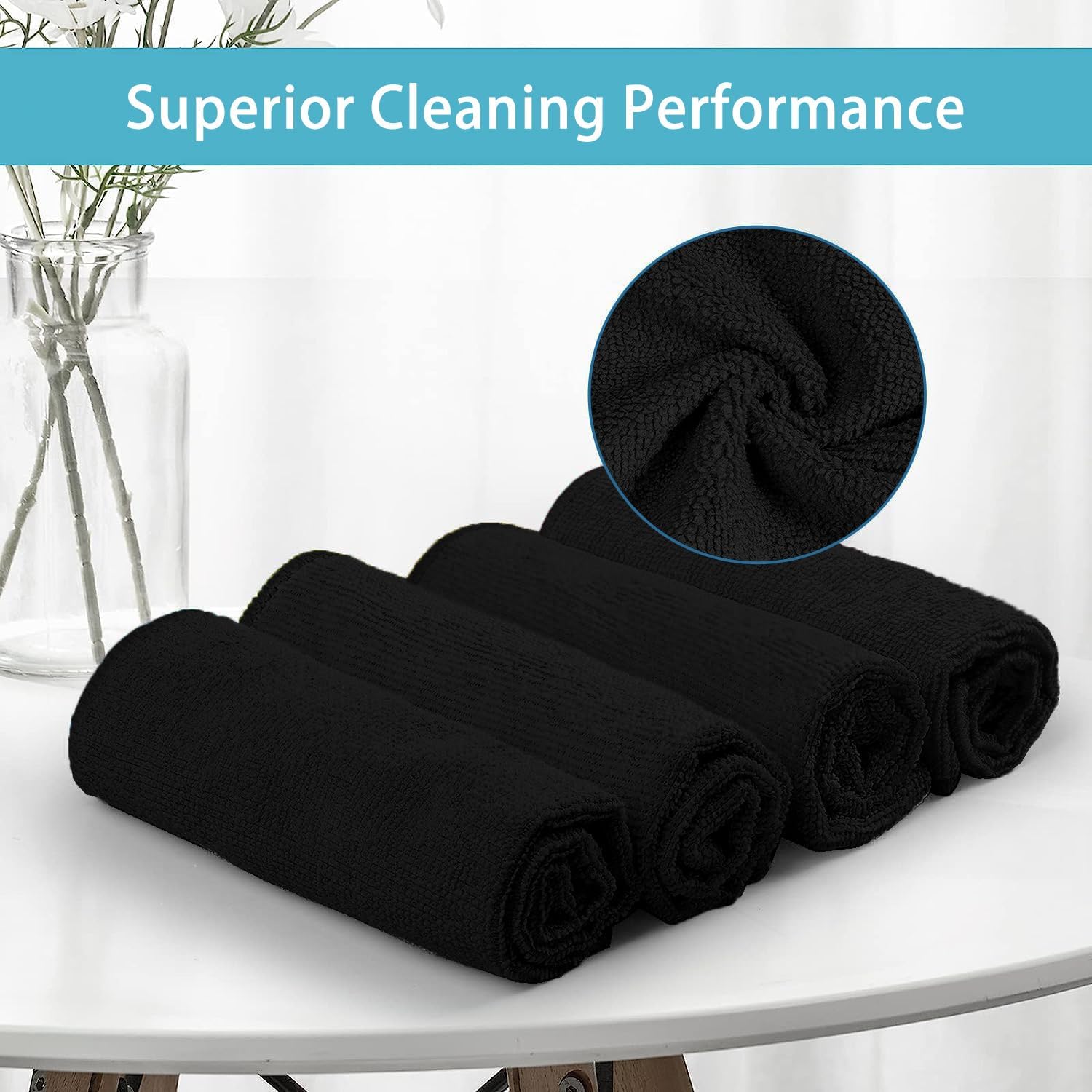 HOMEXCEL Black Microfiber Cleaning Cloth, 8 Pack Cleaning Towels for Kitchen, Lint Free, Scratch-Free, Highly Absorbent, and Reusable Cleaning Rags for House, Window and Glass, Cars, 11.5 X11.5 inch