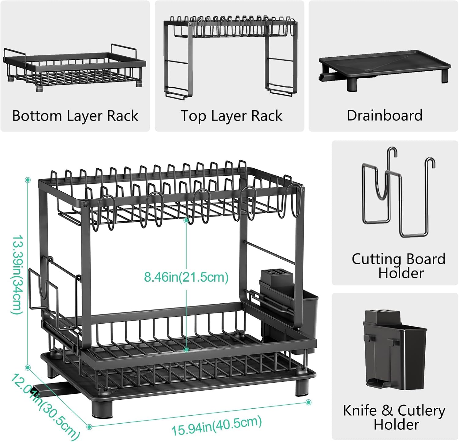 Dish Drying Rack, 2 Tier Space-Saving Dish Rack, Multifunctional Dish Drainer for Kitchen Counter with Drainboard/Utensil/Cup Holder Rustproof Carbon Steel, Black