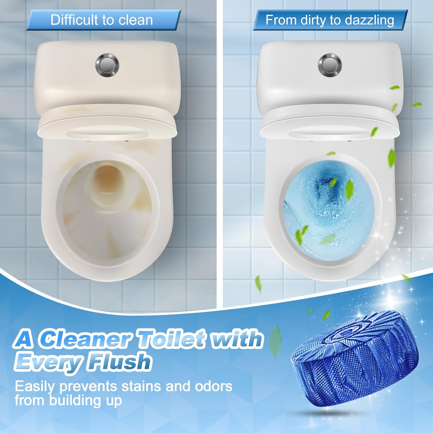 KIISIISO Toilet Bowl Cleaner Tablets, Blue Automatic Toilet Tank Cleaners, Septic-Safe Hard Water Ring Stain Remover, Toilet flush Cleaning & Deodorizer, Fresh Scent - 30 PACK