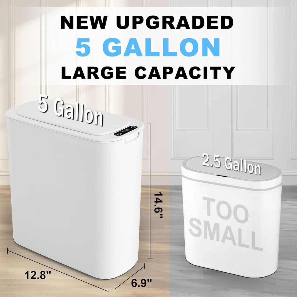 Cesun Motion Sensor Trash Can, 5 Gallon Automatic Bathroom Garbage Can with Lid, Touchless Smart Plastic Slim Wastebasket for Bathroom, Office, rv, Bedroom, Living Room, White