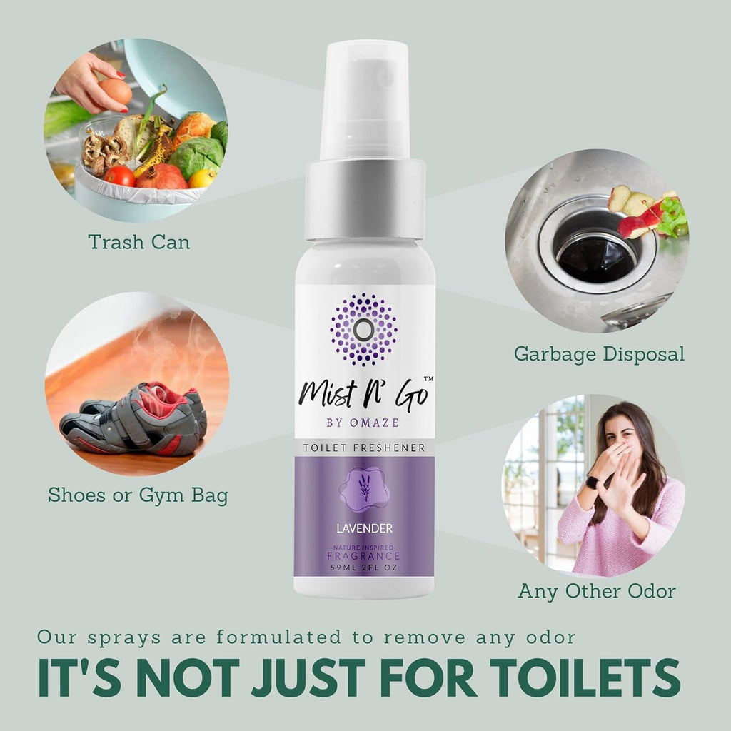 Mist N’ Go by Omaze Travel Bathroom Spray for Toilet Spray Odor Eliminator - Travel Toilet Spray for Bathroom Air Freshener Spray for Bathroom Deodorizer - Lavender Regular Size (2oz x2)