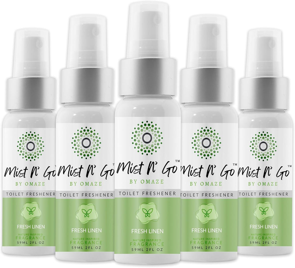 Mist N' Go Travel Toilet Spray - Odor Eliminator & Air Freshener (Fresh Linen) - 2oz x5