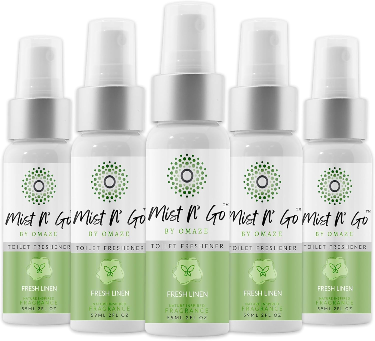 Mist N' Go Travel Toilet Spray - Odor Eliminator & Air Freshener (Fresh Linen) - 2oz x5