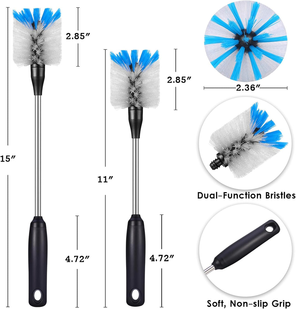 Stainless Steel Bottle Brush with Replaceable Head, 2 Pack Long Handle Scrubbing Brush for Water Bottles, Glasswares, Mugs, Flasks, Tumblers, Vases, and Kitchen Sink, 15 in