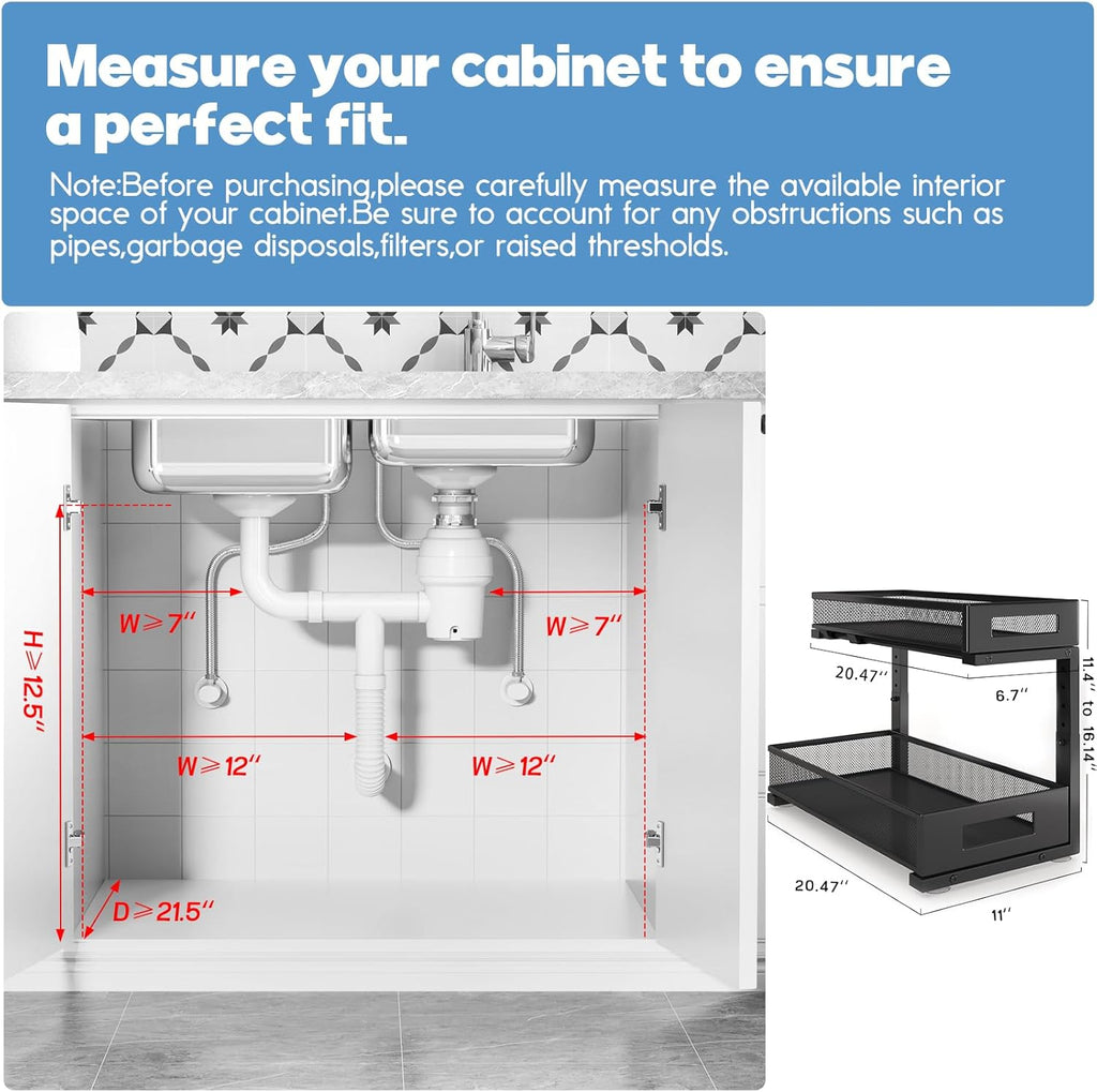 2 Pack 20.47IN Depth Under Sink Storage Organizer, Large 2-Tier Elegant Mesh Pull Out Shelf for Kitchen and Bathroom Cabinet Organization, L-Shaped and Adjustable Height Design-Black