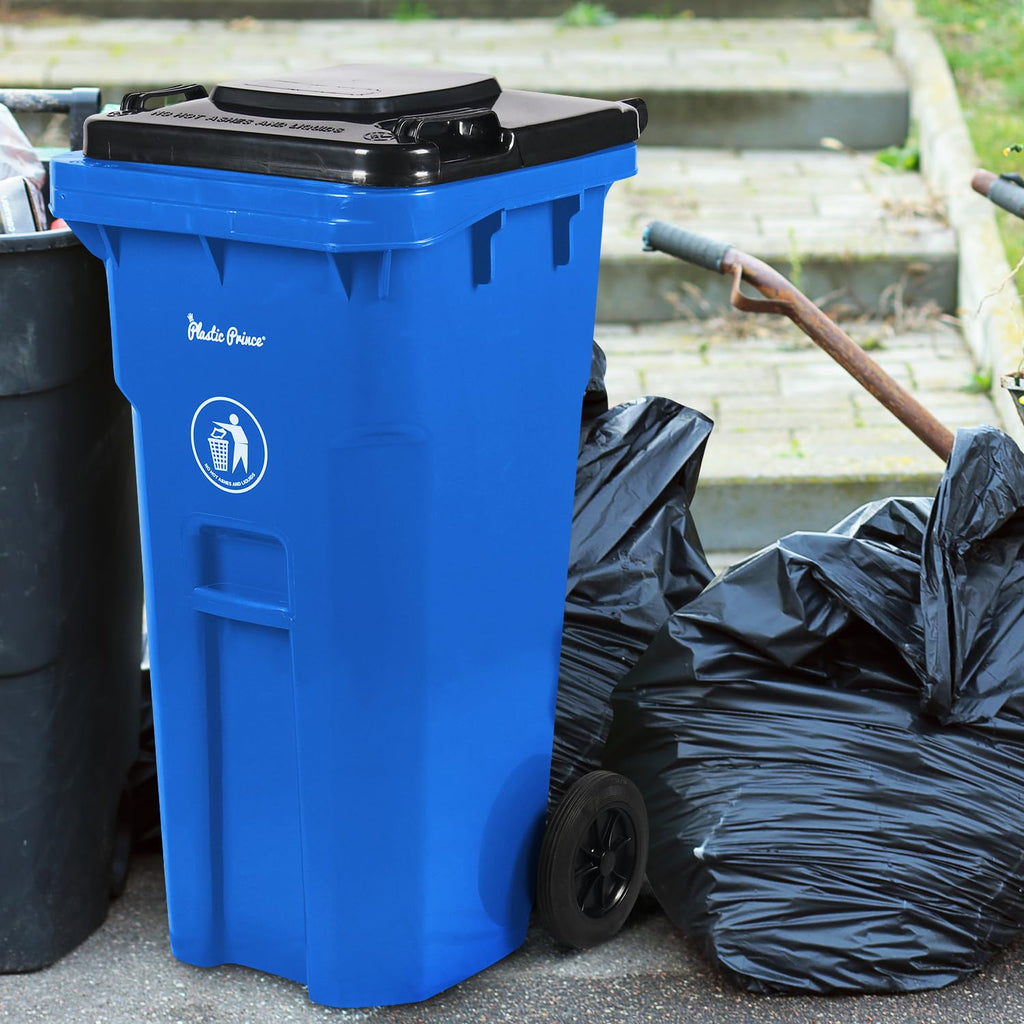 32 Gallon Trash Can Outdoor Recycling Bin with Lid and Wheels Heavy Duty Rolling Garbage Can with Lid Blue Recycle Bin with Wheels for Warehouses Hospitals Restaurants Offices